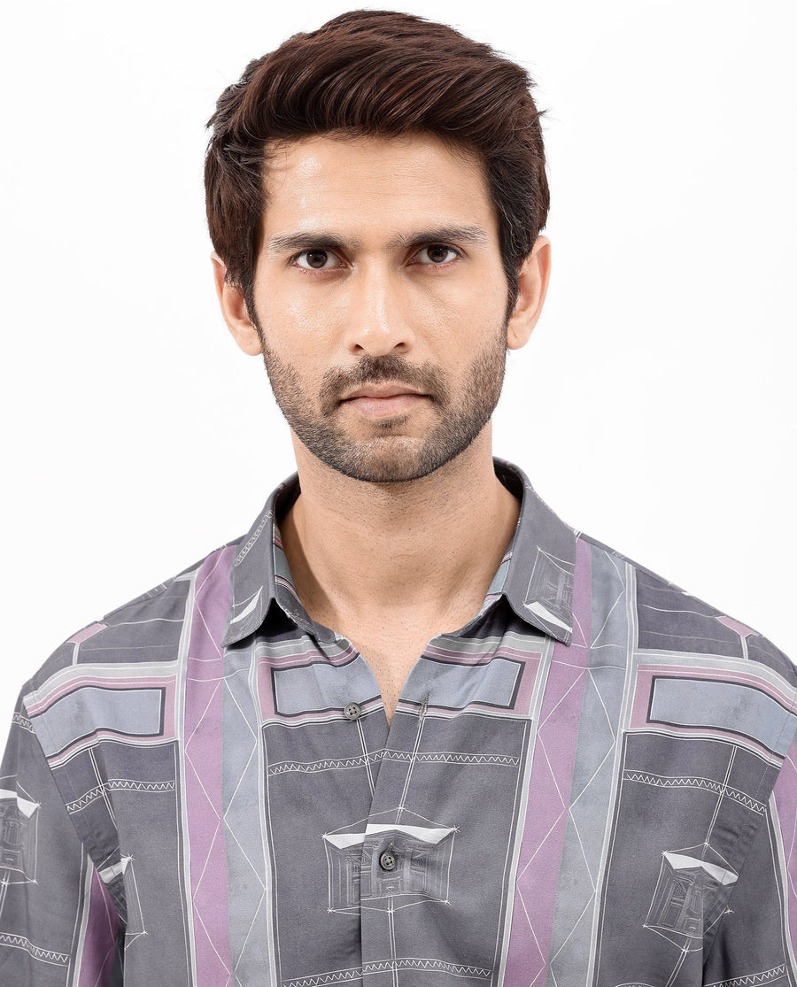 Rare Rabbit Men's Pristom Grey Viscose Geometric Print Boxy Fit Half Sleeve Collared Shirt
