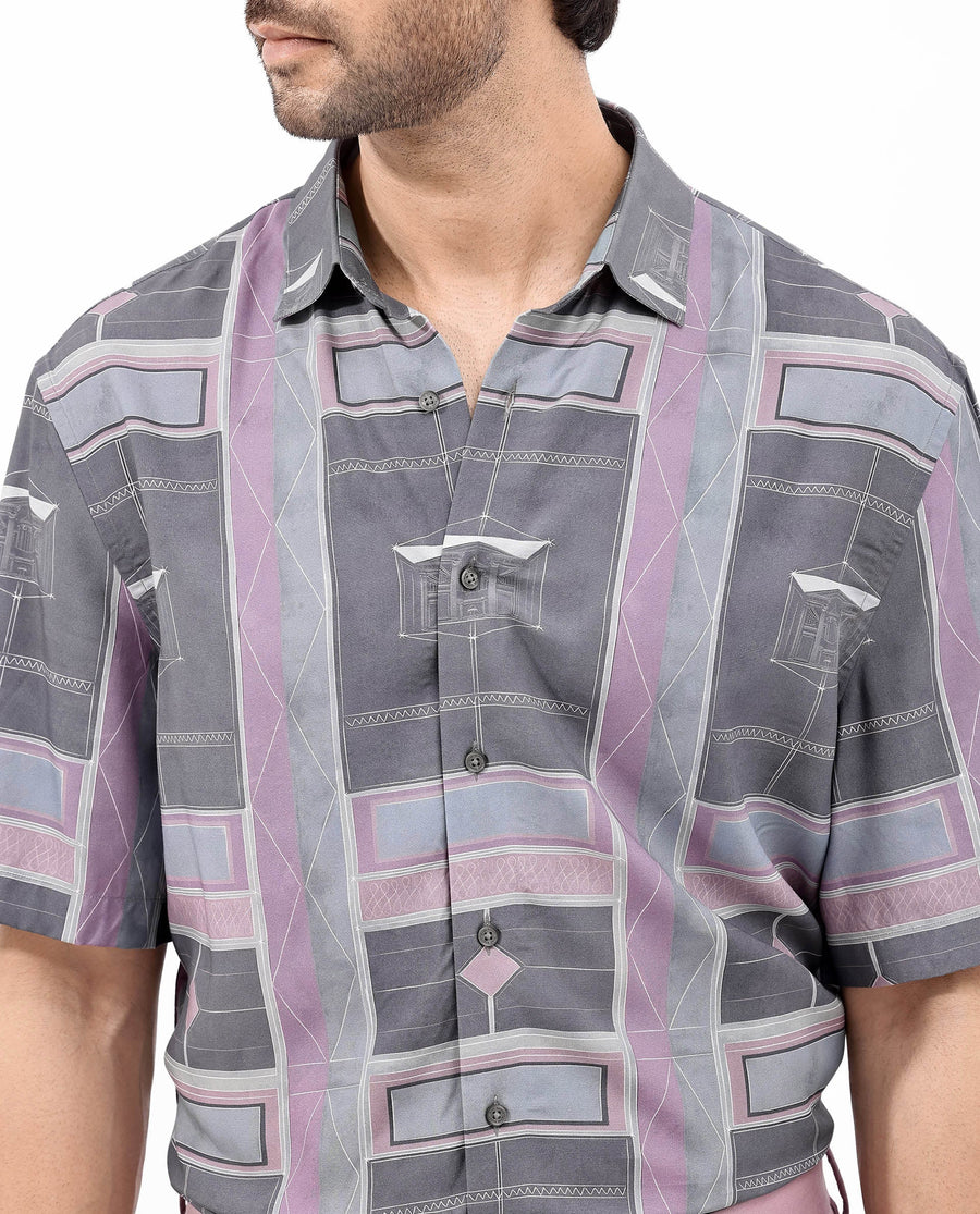 Rare Rabbit Men's Pristom Grey Viscose Geometric Print Boxy Fit Half Sleeve Collared Shirt