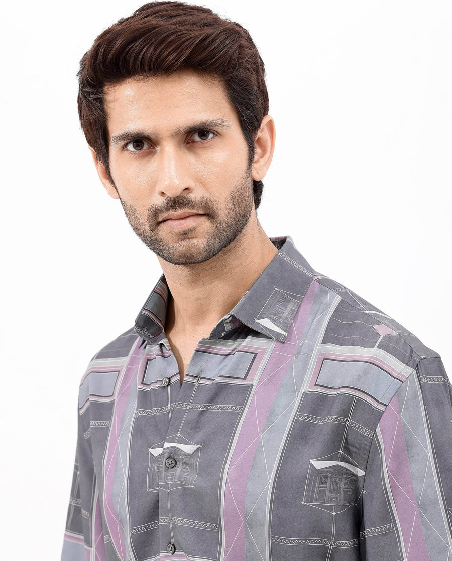 Rare Rabbit Men's Pristom Grey Viscose Geometric Print Boxy Fit Half Sleeve Collared Shirt