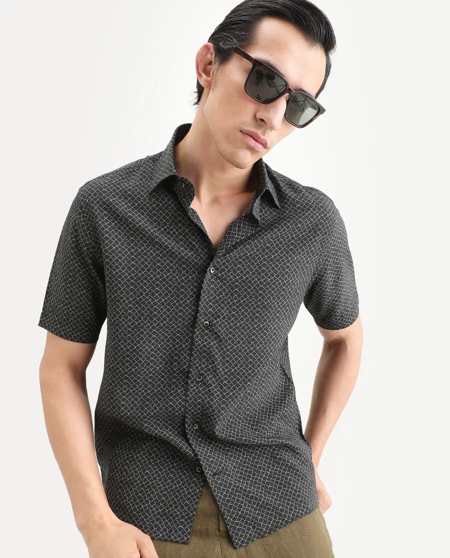 Rare Rabbit Men's Prit-Ss Black Viscose Fabric Half Sleeve Spread Collar Regular Fit Geometric Print Shirt