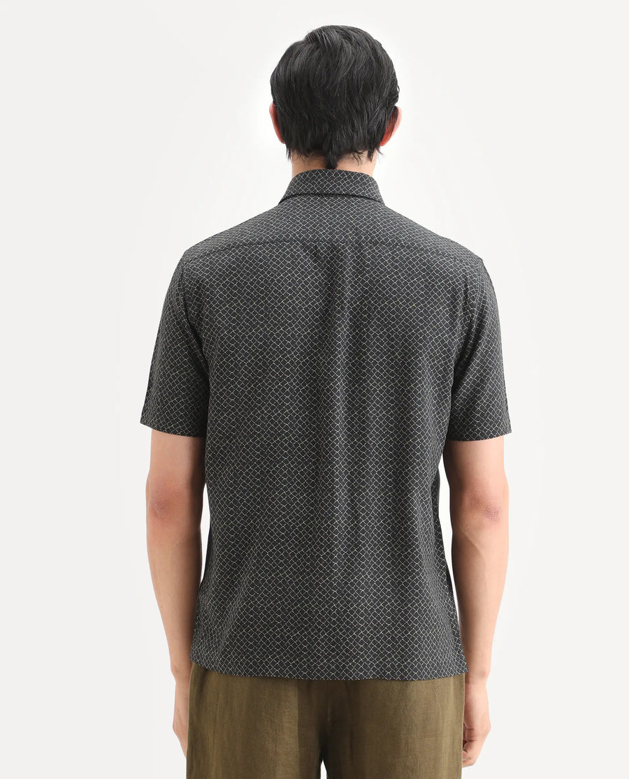 Rare Rabbit Men's Prit-Ss Black Viscose Fabric Half Sleeve Spread Collar Regular Fit Geometric Print Shirt