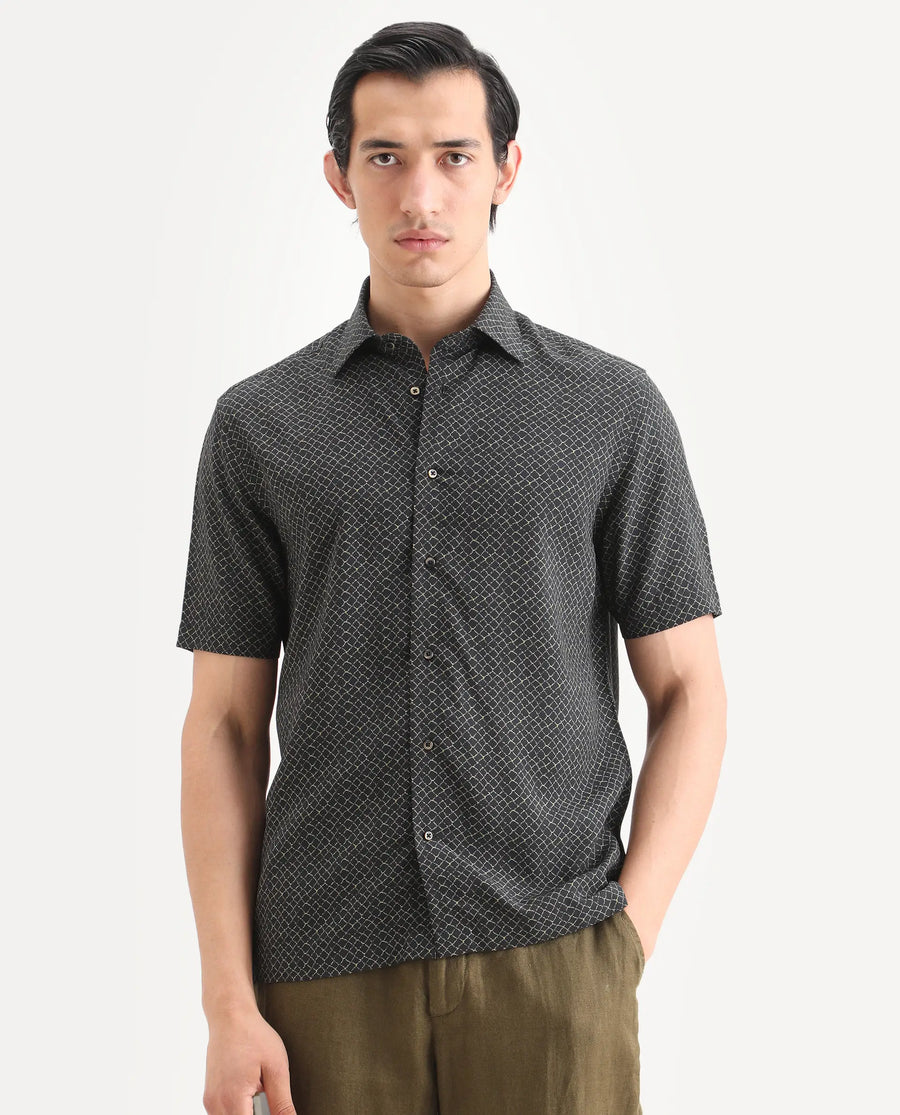 Rare Rabbit Men's Prit-Ss Black Viscose Fabric Half Sleeve Spread Collar Regular Fit Geometric Print Shirt