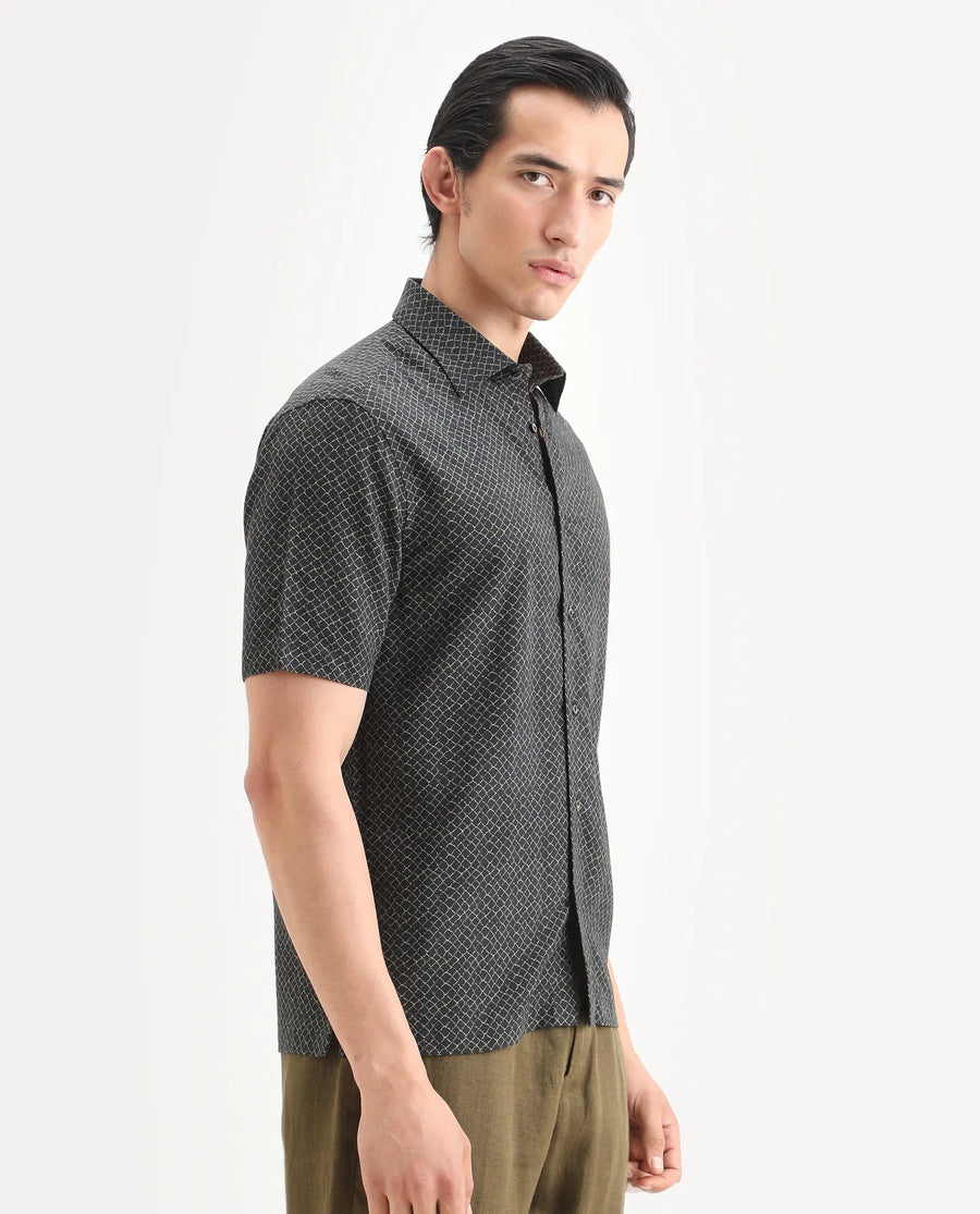 Rare Rabbit Men's Prit-Ss Black Viscose Fabric Half Sleeve Spread Collar Regular Fit Geometric Print Shirt