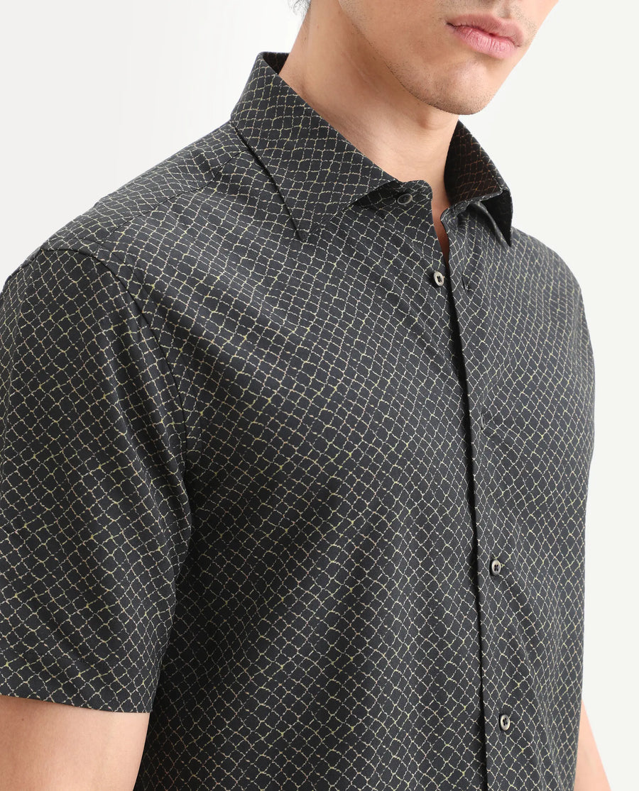 Rare Rabbit Men's Prit-Ss Black Viscose Fabric Half Sleeve Spread Collar Regular Fit Geometric Print Shirt