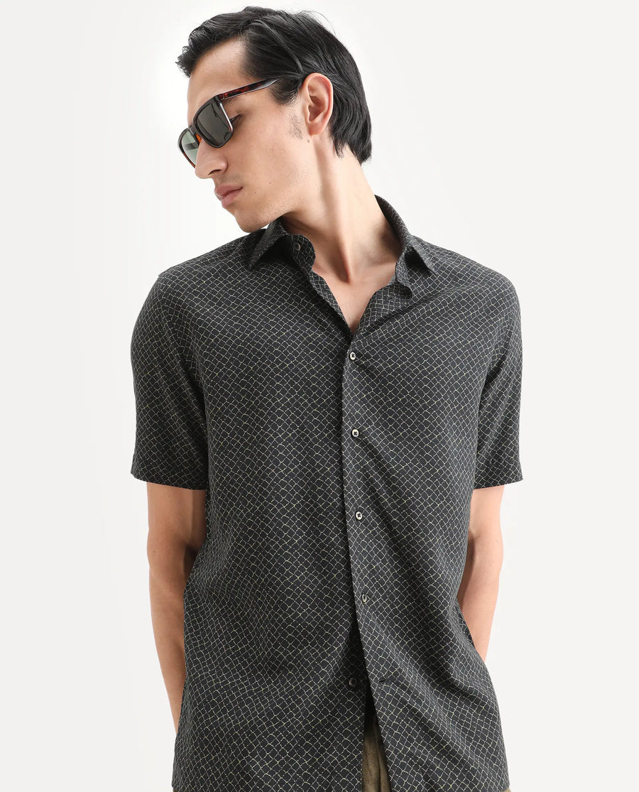 Rare Rabbit Men's Prit-Ss Black Viscose Fabric Half Sleeve Spread Collar Regular Fit Geometric Print Shirt
