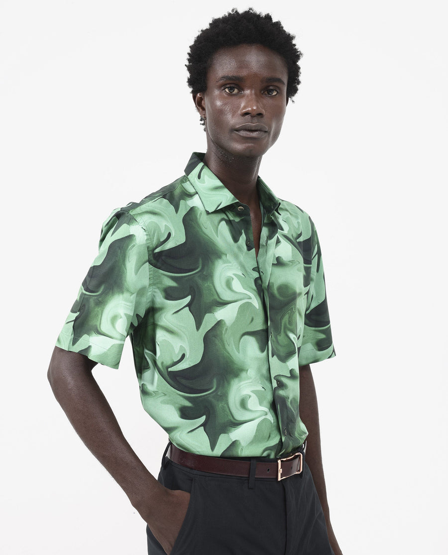 Rare Rabbit Men's Propus Pastel Green Viscose Abstract Print Boxy Fit Half Sleeve Collared Shirt