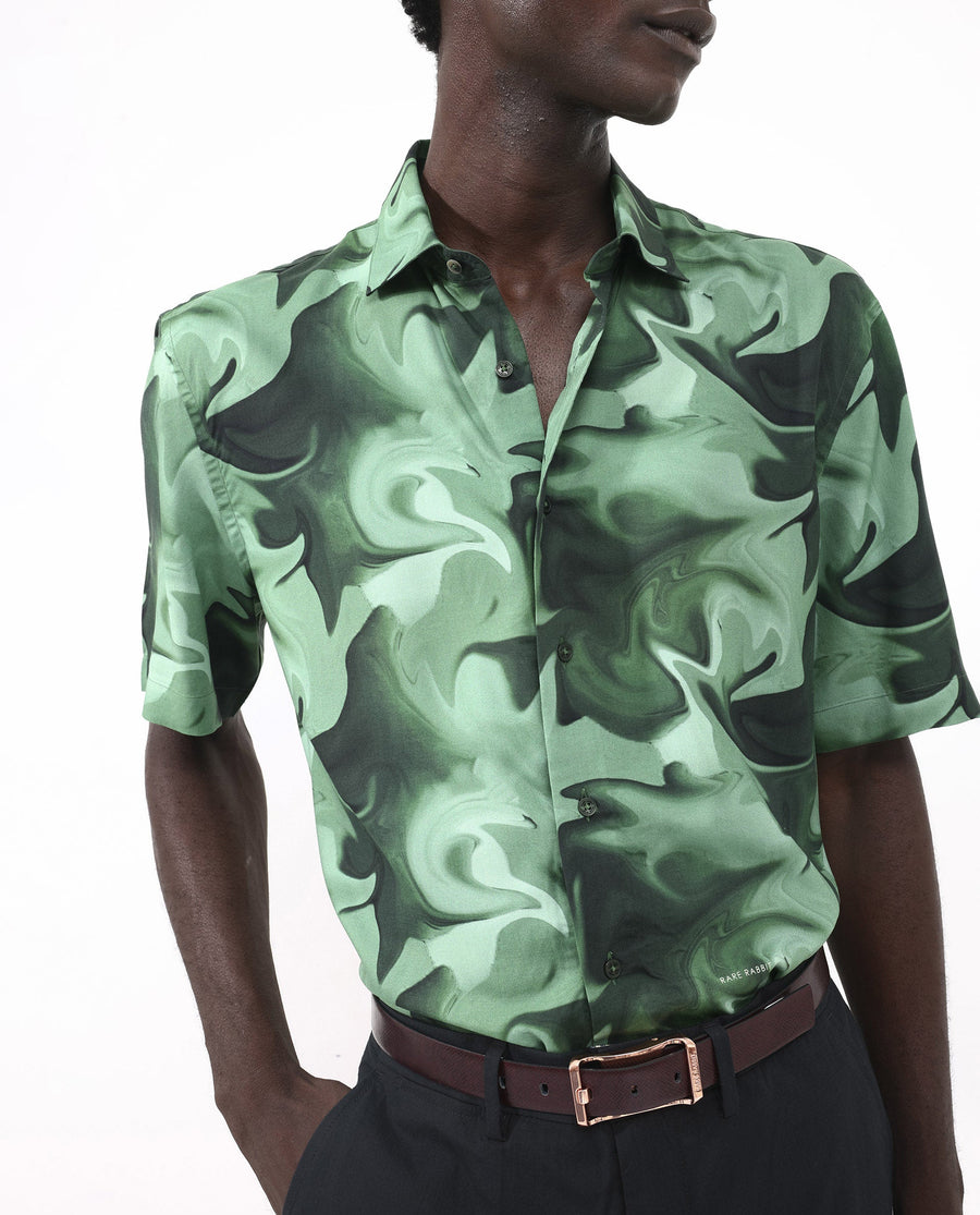 Rare Rabbit Men's Propus Pastel Green Viscose Abstract Print Boxy Fit Half Sleeve Collared Shirt