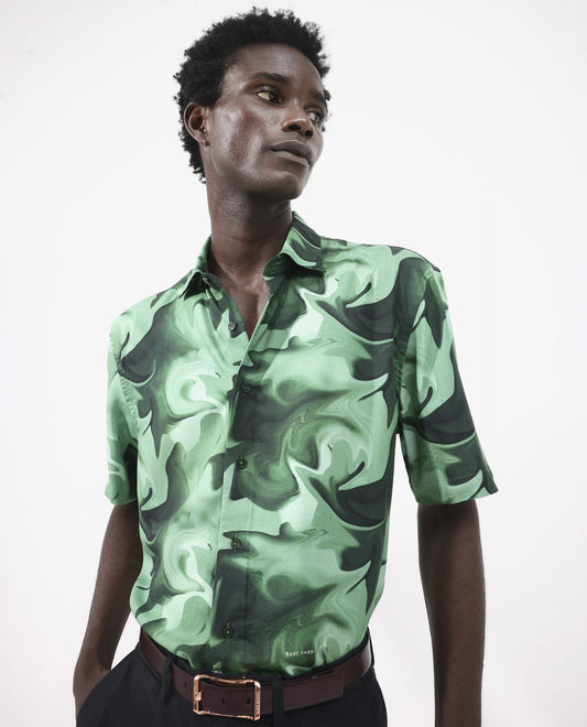 Rare Rabbit Men's Propus Pastel Green Viscose Abstract Print Boxy Fit Half Sleeve Collared Shirt