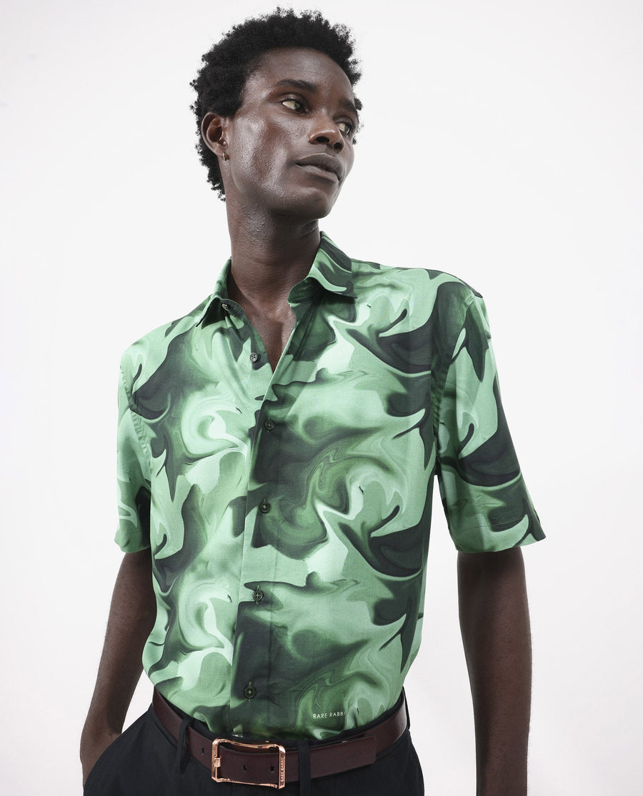 Rare Rabbit Men's Propus Pastel Green Viscose Abstract Print Boxy Fit Half Sleeve Collared Shirt