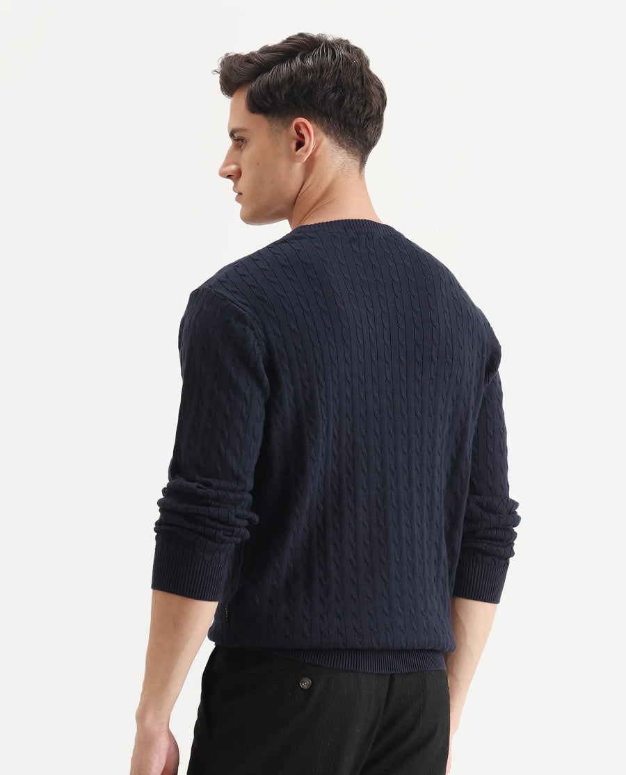 Rare Rabbit Men's Prota Navy Cotton Plain Regular Fit Full Sleeve Crew Neck Sweater
