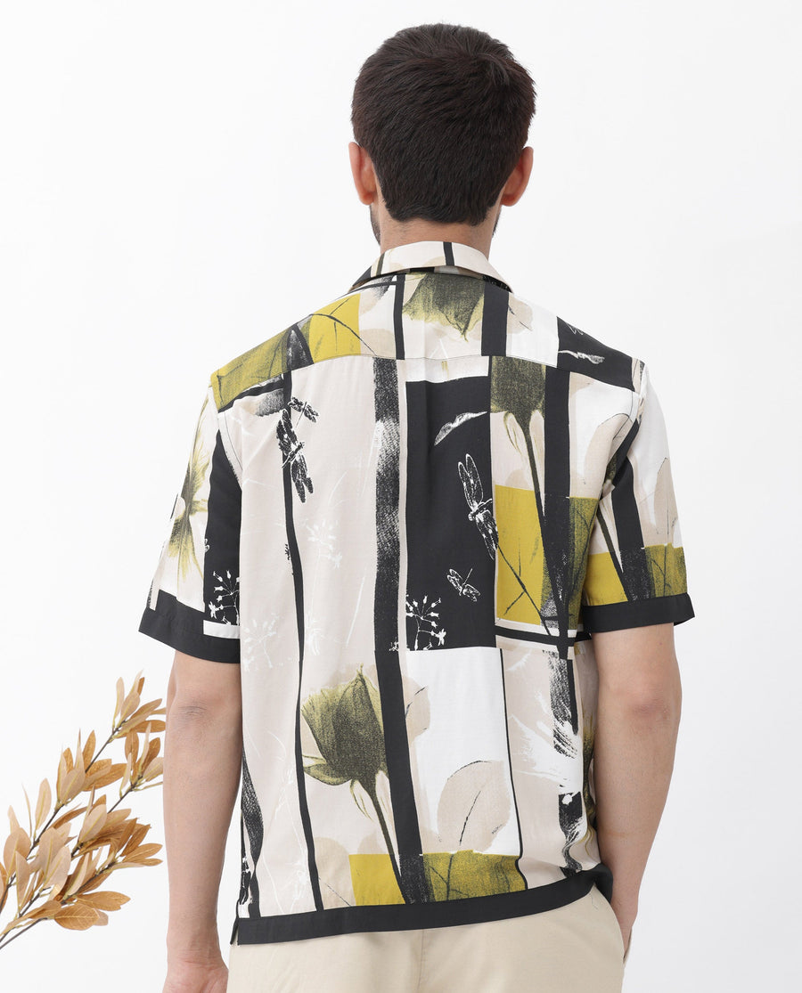 Rare Rabbit Men's Prunos Beige Viscose Floral Print Boxy Fit Half Sleeve Cuban Collar Shirt