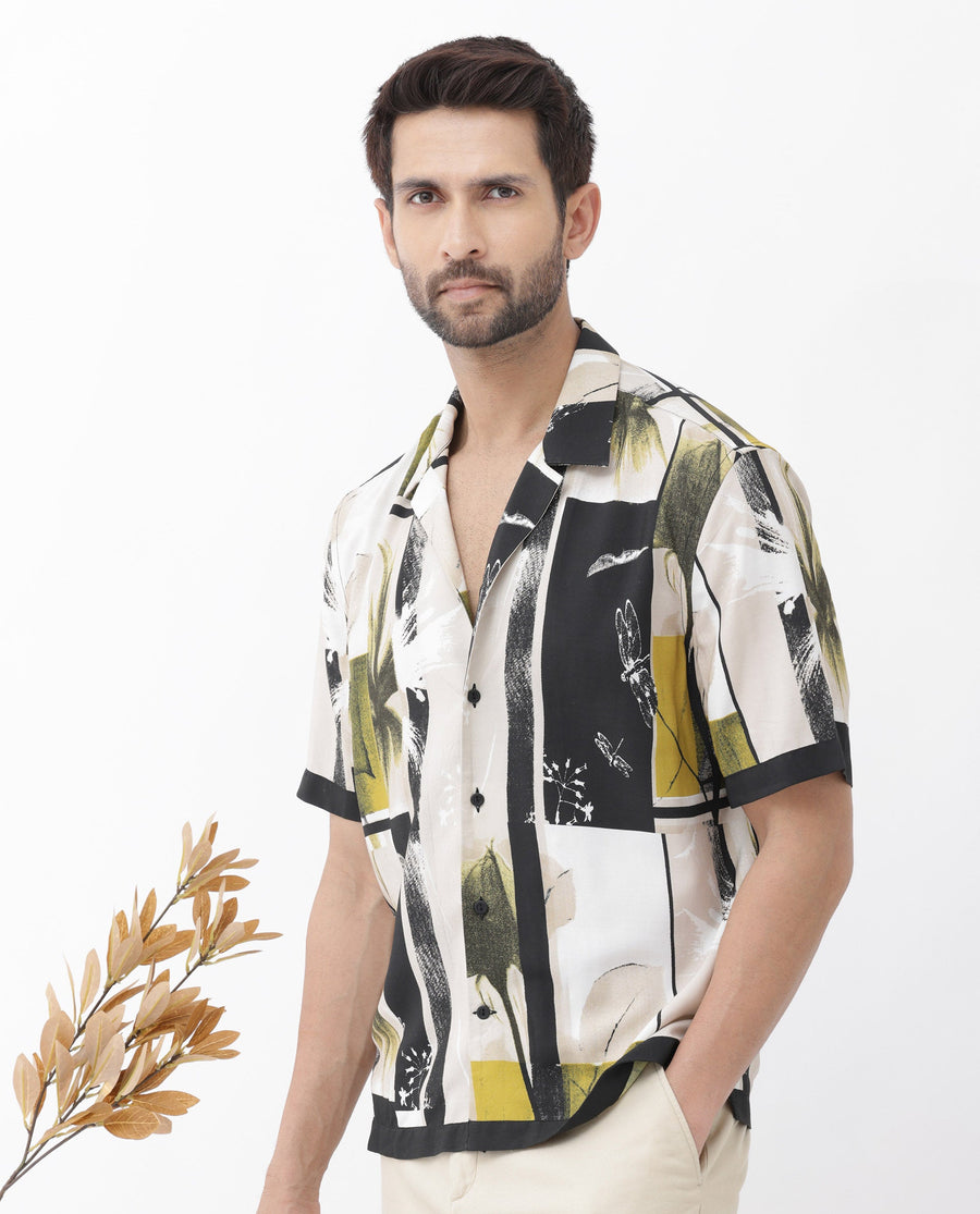 Rare Rabbit Men's Prunos Beige Viscose Floral Print Boxy Fit Half Sleeve Cuban Collar Shirt