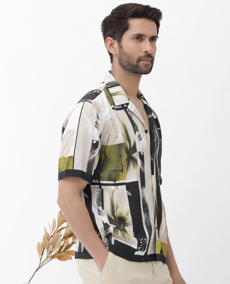 Rare Rabbit Men's Prunos Beige Viscose Floral Print Boxy Fit Half Sleeve Cuban Collar Shirt