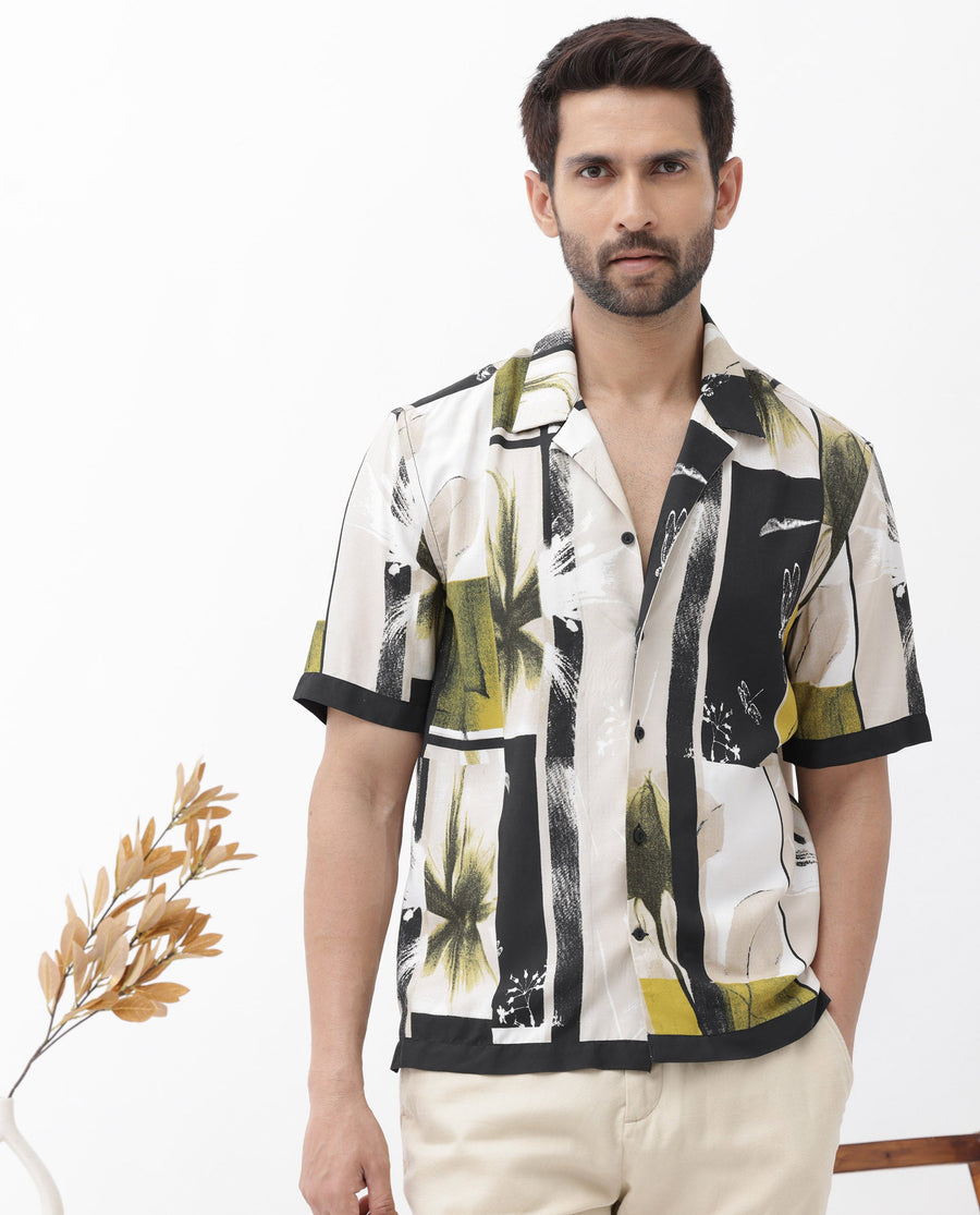 Rare Rabbit Men's Prunos Beige Viscose Floral Print Boxy Fit Half Sleeve Cuban Collar Shirt
