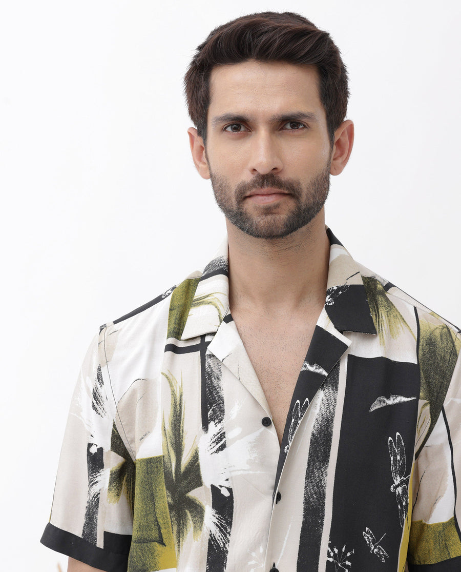 Rare Rabbit Men's Prunos Beige Viscose Floral Print Boxy Fit Half Sleeve Cuban Collar Shirt