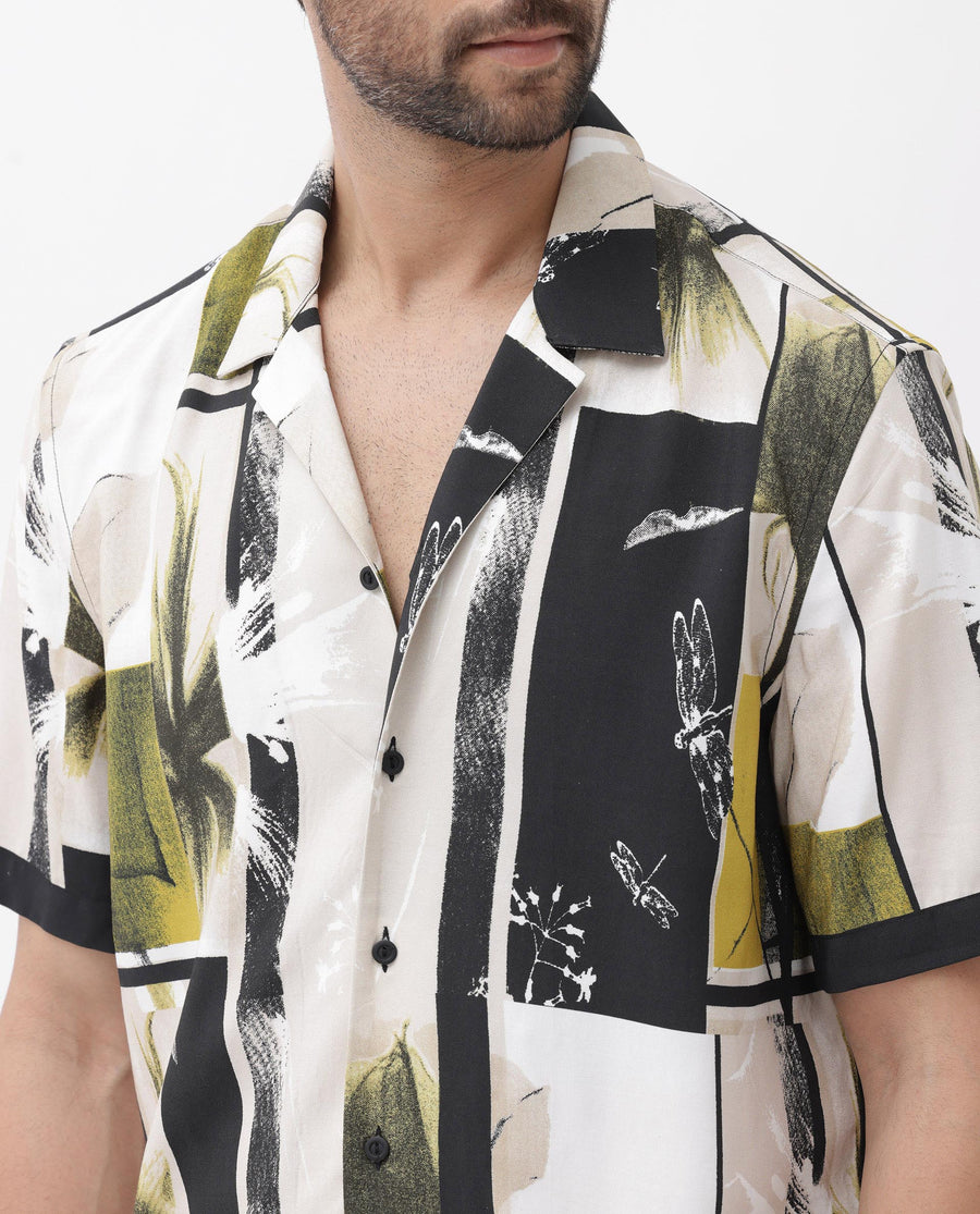 Rare Rabbit Men's Prunos Beige Viscose Floral Print Boxy Fit Half Sleeve Cuban Collar Shirt