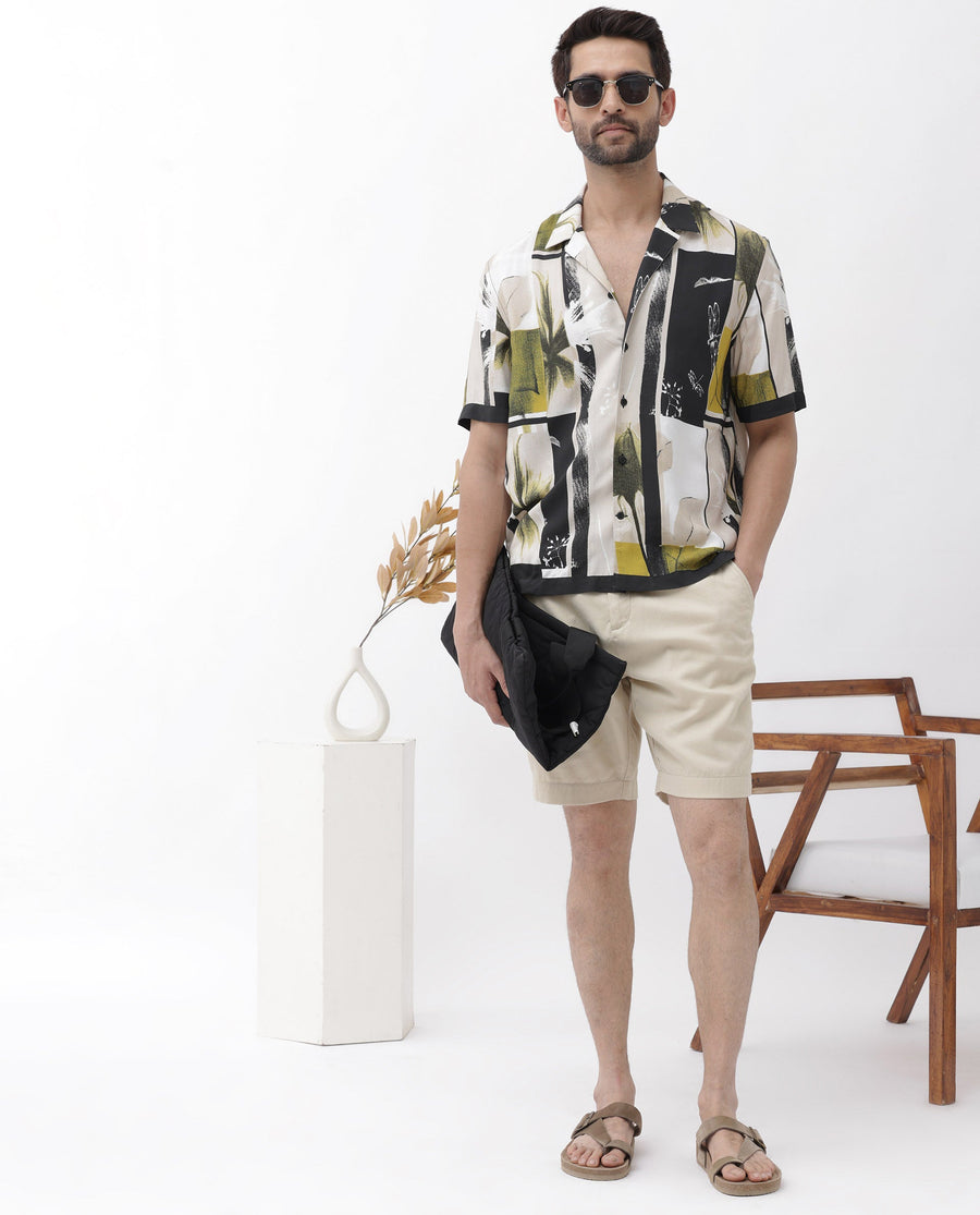 Rare Rabbit Men's Prunos Beige Viscose Floral Print Boxy Fit Half Sleeve Cuban Collar Shirt