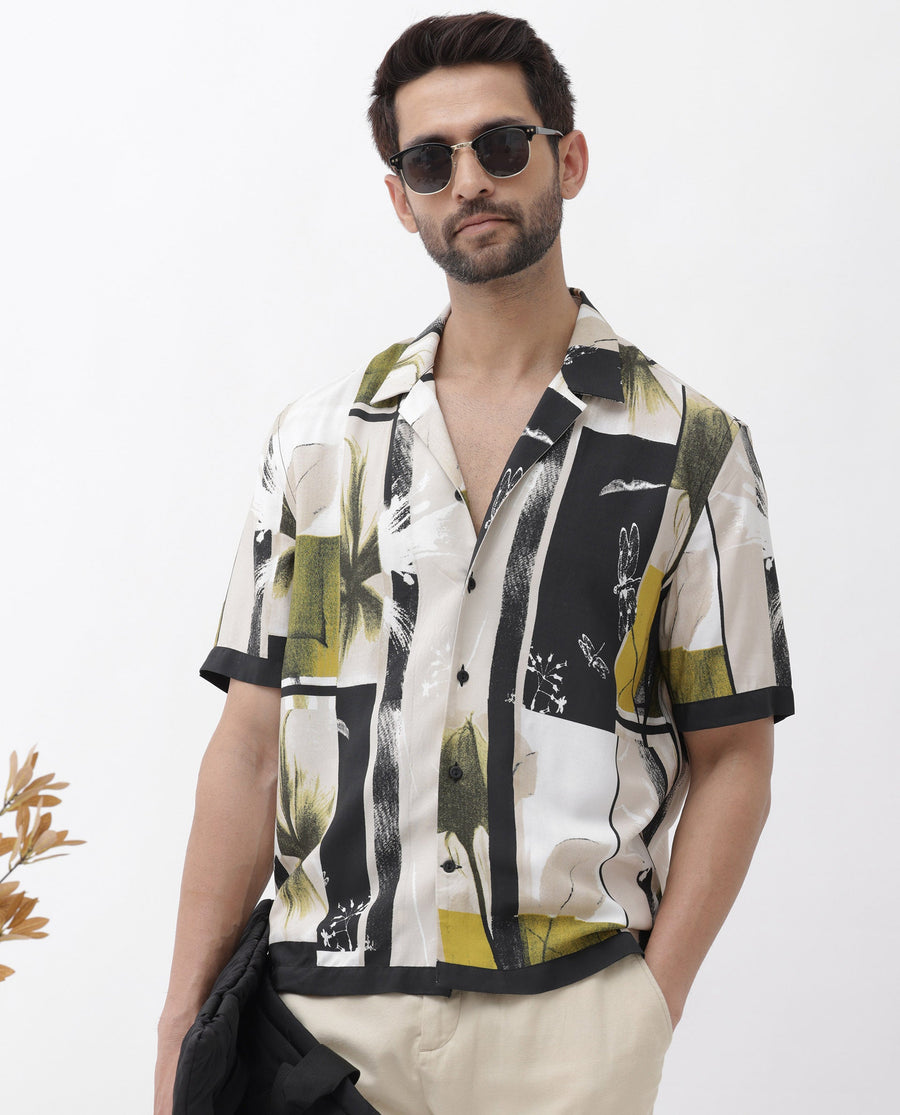 Rare Rabbit Men's Prunos Beige Viscose Floral Print Boxy Fit Half Sleeve Cuban Collar Shirt