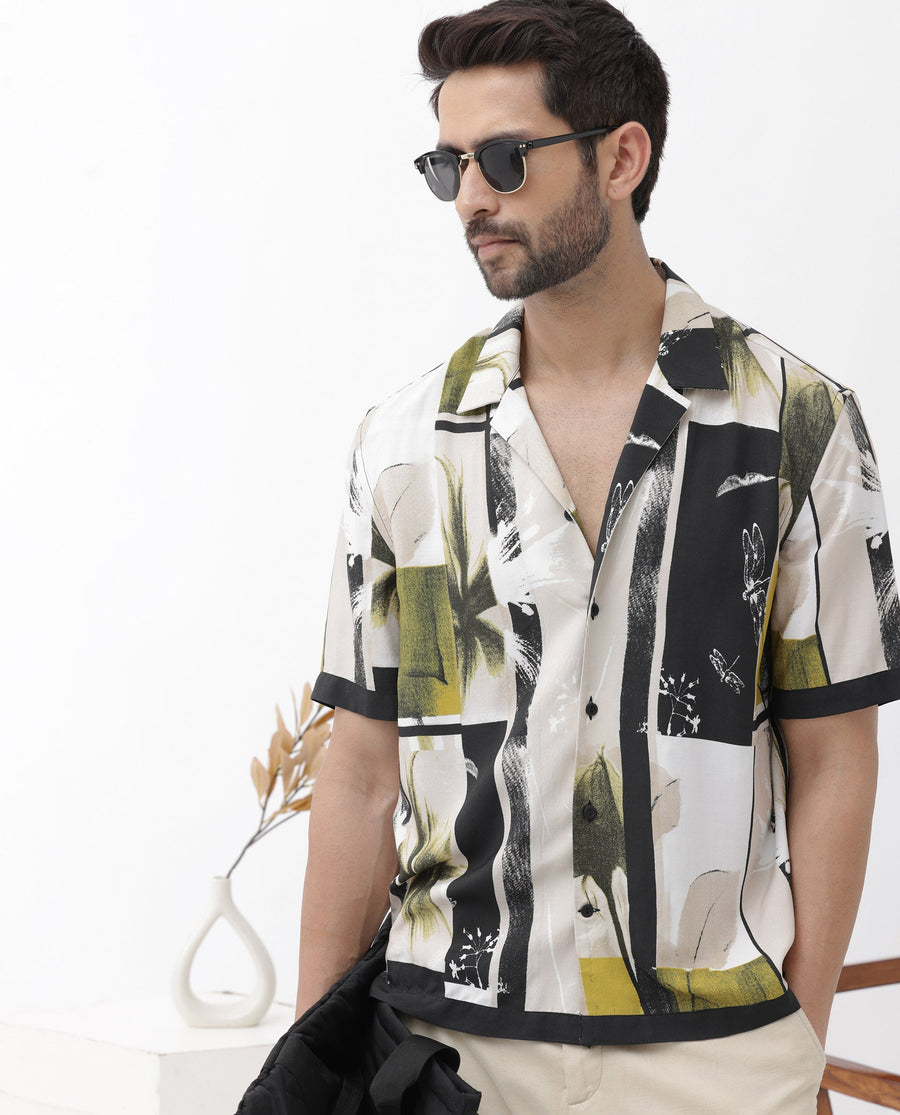 Rare Rabbit Men's Prunos Beige Viscose Floral Print Boxy Fit Half Sleeve Cuban Collar Shirt