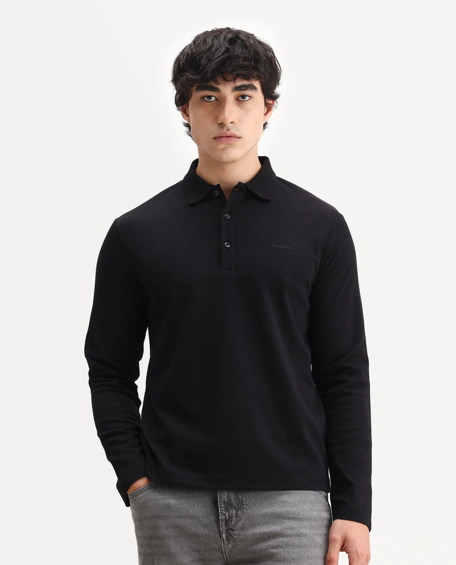 Rare Rabbit Men's Prut Black Cotton Blend Fabric Full Sleeve Spread Collar Plain Polo