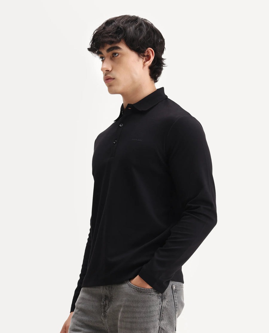 Rare Rabbit Men's Prut Black Cotton Blend Fabric Full Sleeve Spread Collar Plain Polo