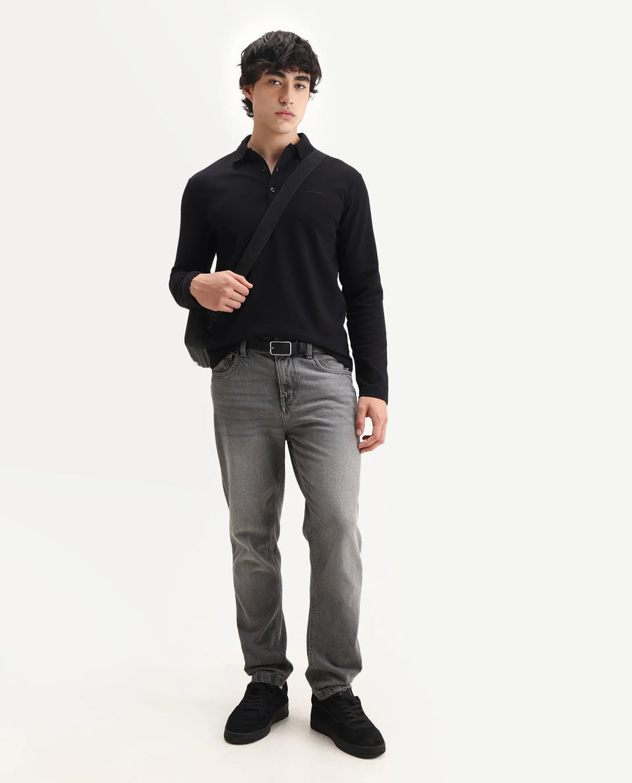 Rare Rabbit Men's Prut Black Cotton Blend Fabric Full Sleeve Spread Collar Plain Polo
