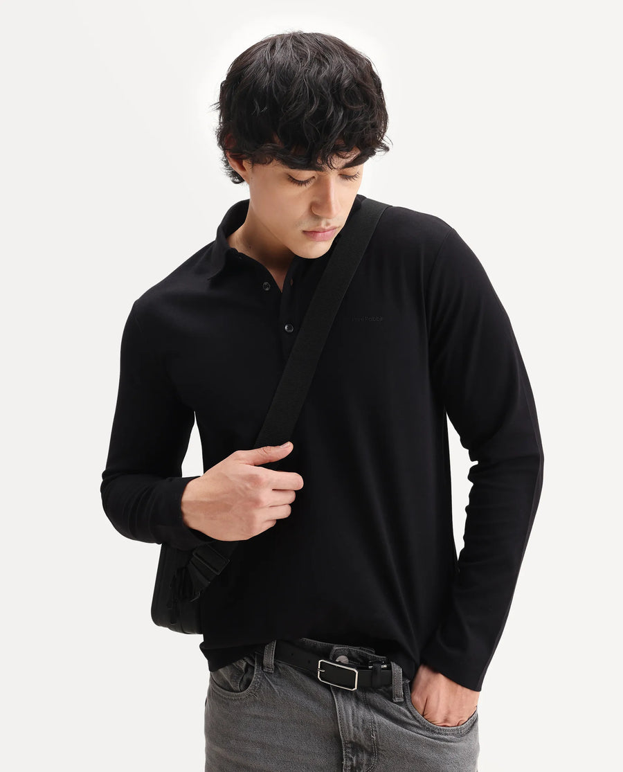 Rare Rabbit Men's Prut Black Cotton Blend Fabric Full Sleeve Spread Collar Plain Polo