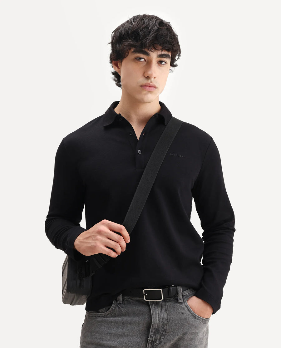 Rare Rabbit Men's Prut Black Cotton Blend Fabric Full Sleeve Spread Collar Plain Polo