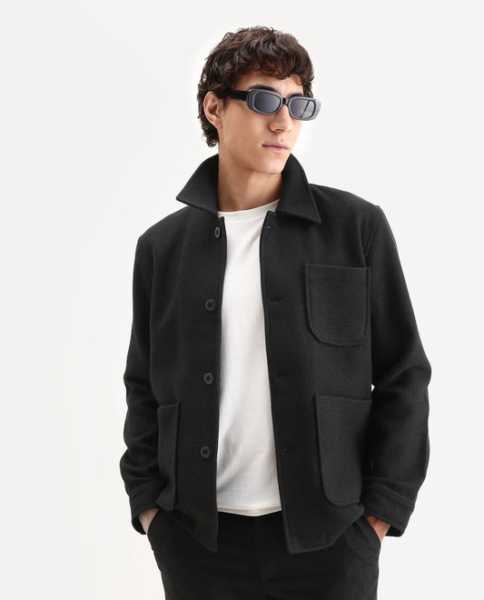 Rare Rabbit Men's Pufco-T Black Polyester Blend Fabric Collared Neck Regular Plain Jacket