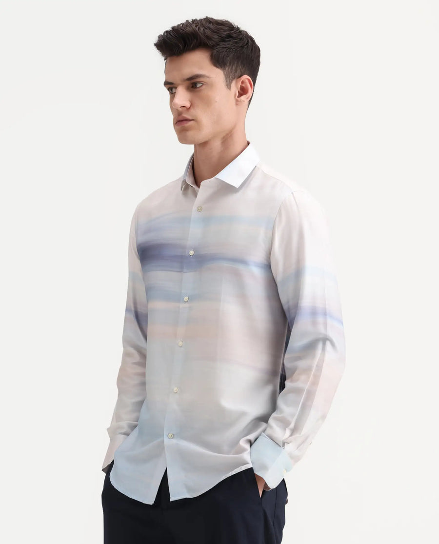 Rare Rabbit Men's Pumot Off White Cotton Blend Abstract Print Regular Fit Full Sleeve Collared Shirt