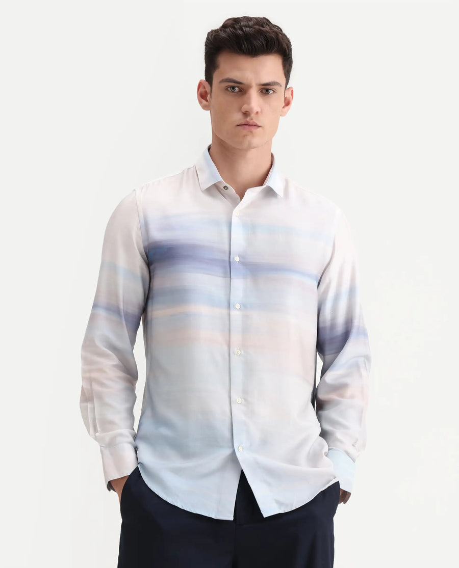 Rare Rabbit Men's Pumot Off White Cotton Blend Abstract Print Regular Fit Full Sleeve Collared Shirt