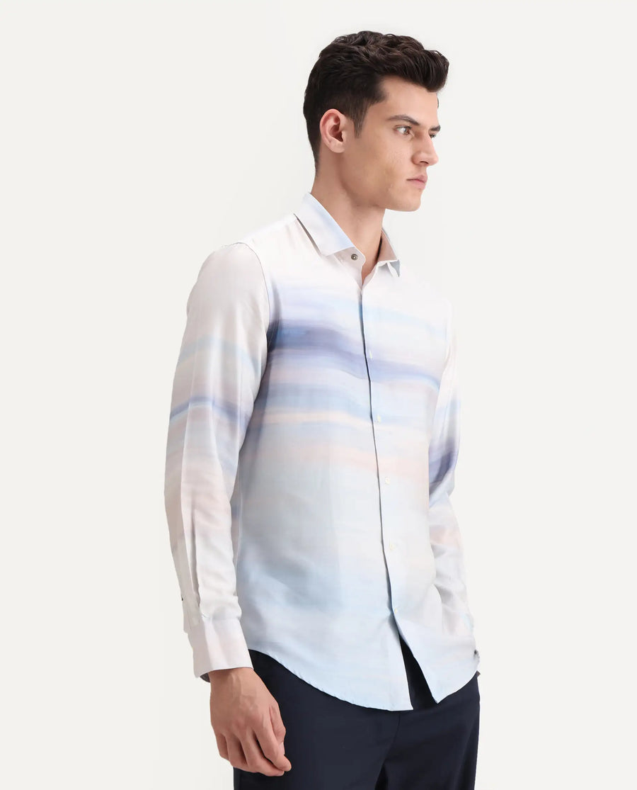 Rare Rabbit Men's Pumot Off White Cotton Blend Abstract Print Regular Fit Full Sleeve Collared Shirt