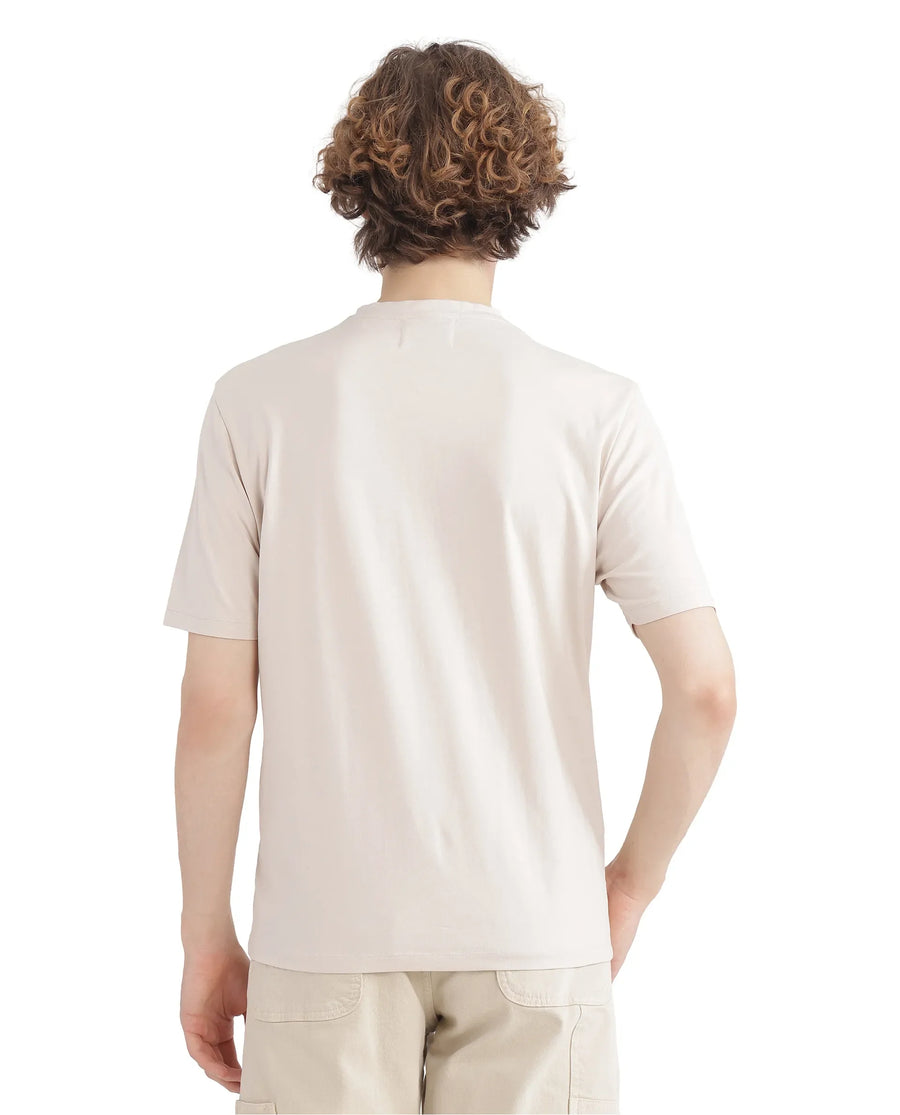 Rare Rabbit Men's Purt Beige Cotton Blend Plain Regular Fit Half Sleeve Crew Neck T-Shirt
