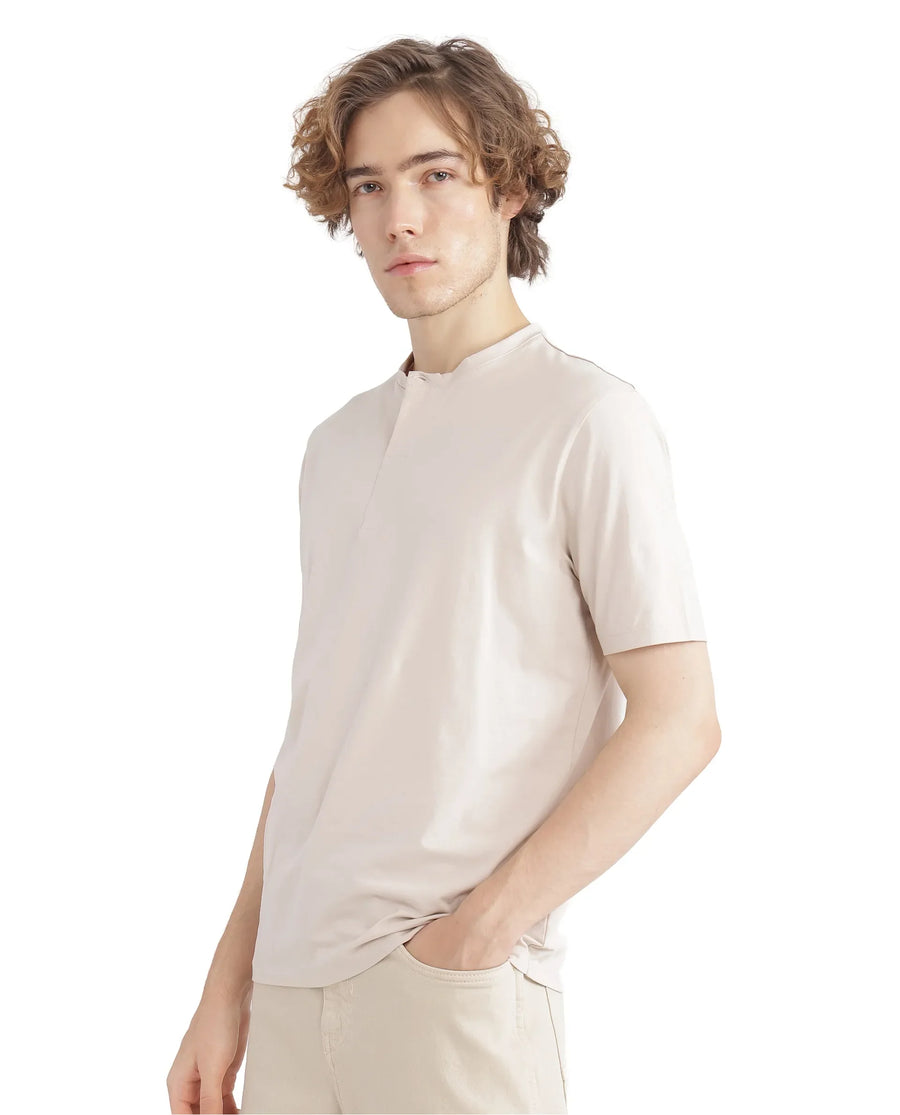 Rare Rabbit Men's Purt Beige Cotton Blend Plain Regular Fit Half Sleeve Crew Neck T-Shirt