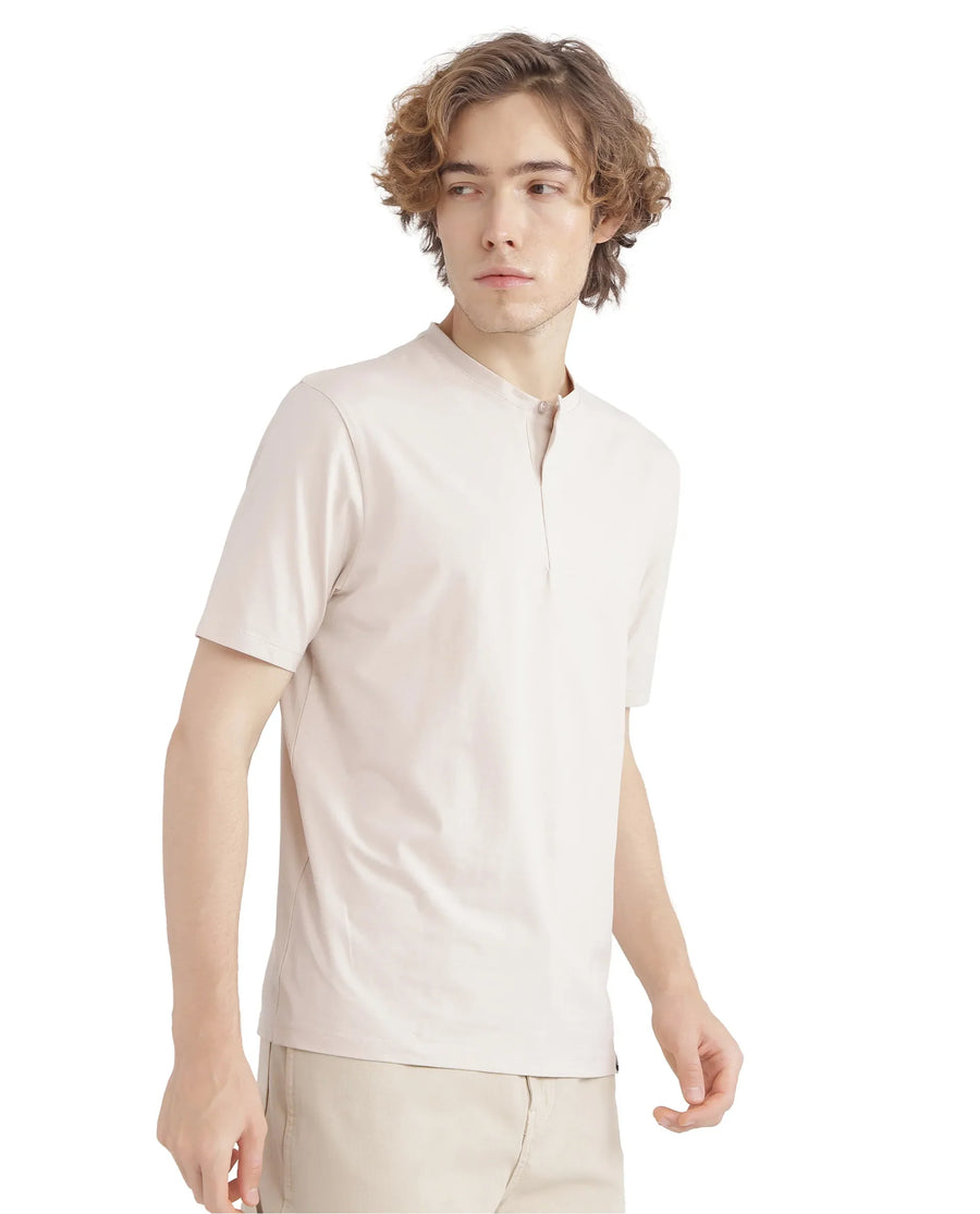 Rare Rabbit Men's Purt Beige Cotton Blend Plain Regular Fit Half Sleeve Crew Neck T-Shirt