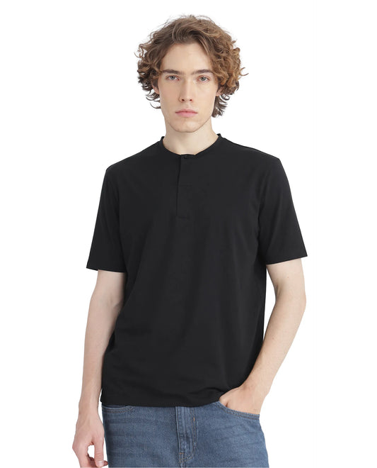 Rare Rabbit Men's Purt Black Cotton Blend Plain Regular Fit Half Sleeve Crew Neck T-Shirt