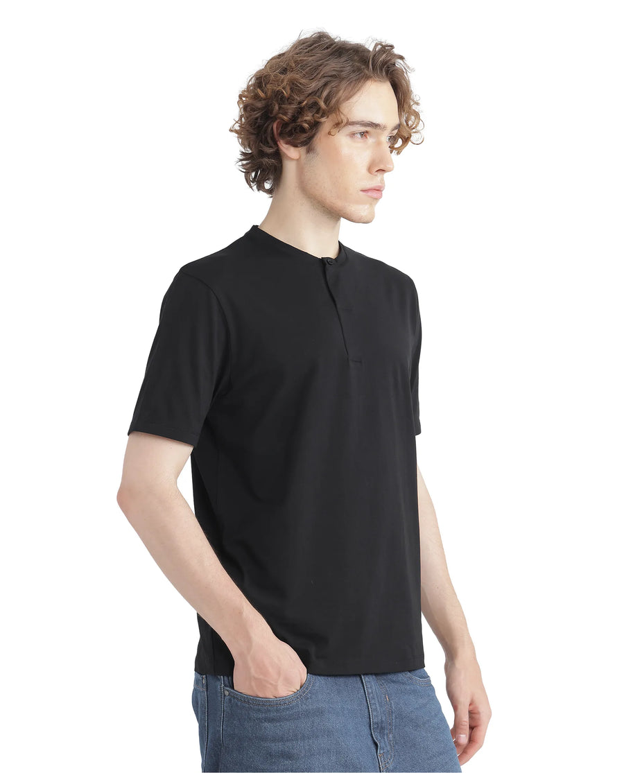 Rare Rabbit Men's Purt Black Cotton Blend Plain Regular Fit Half Sleeve Crew Neck T-Shirt