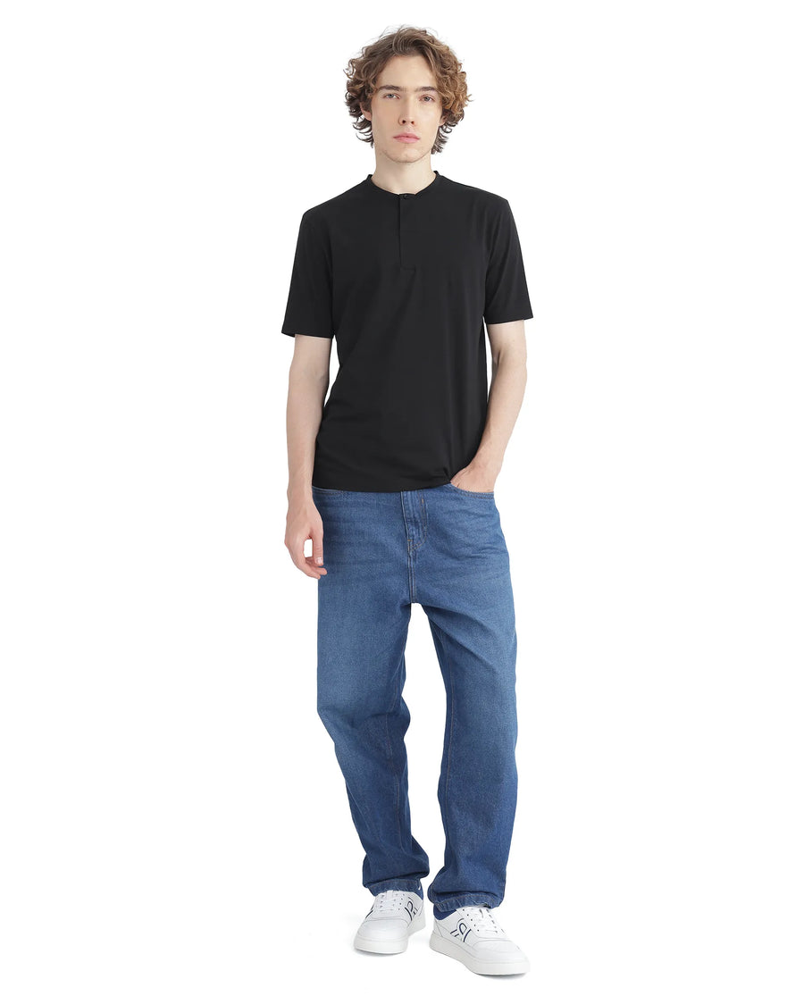 Rare Rabbit Men's Purt Black Cotton Blend Plain Regular Fit Half Sleeve Crew Neck T-Shirt