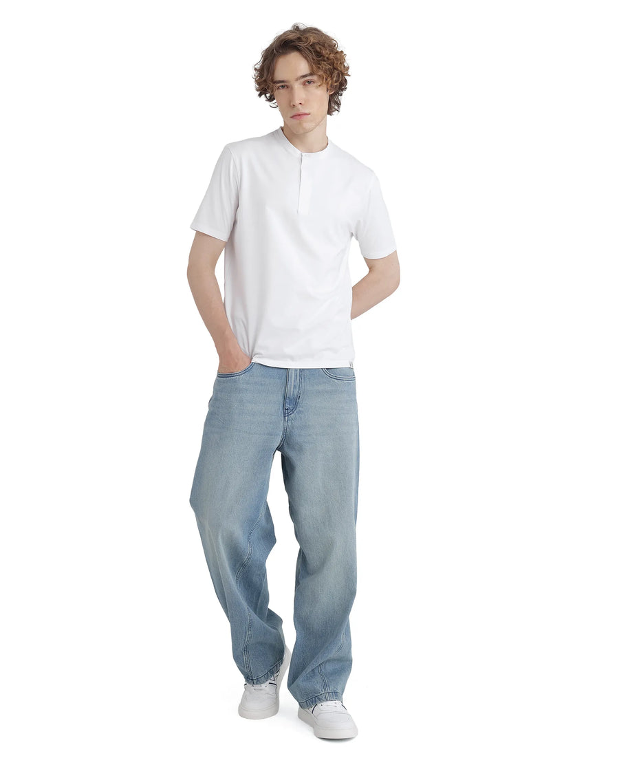 Rare Rabbit Men's Purt White Cotton Blend Plain Regular Fit Half Sleeve Crew Neck T-Shirt