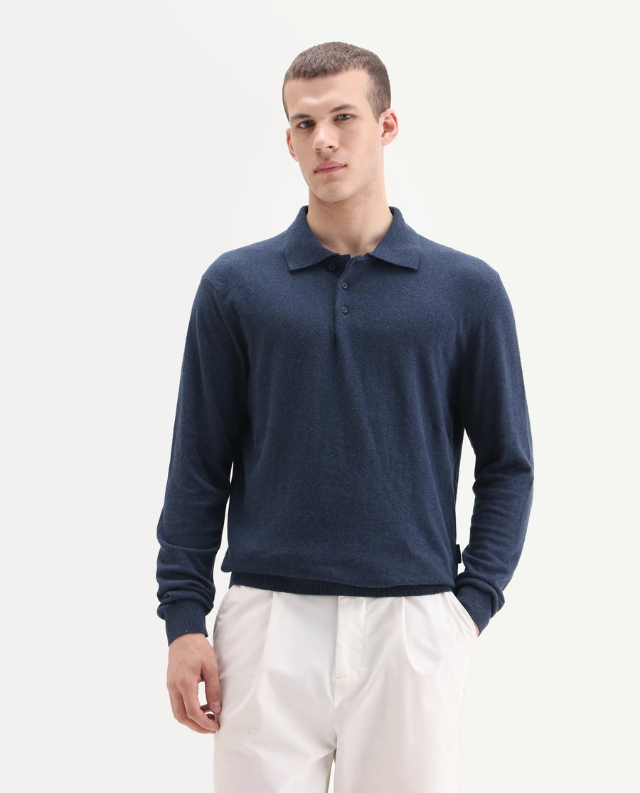 Rare Rabbit Men's Pyer Navy Flat Knit Plain Regular Fit Full Sleeve Polo