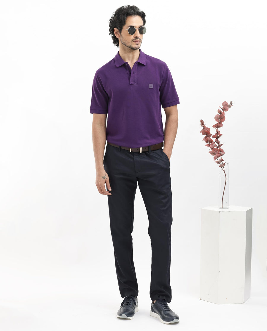Rare Rabbit Men's Pare Dark Purple Cotton Plain Regular Fit Half Sleeve Polo