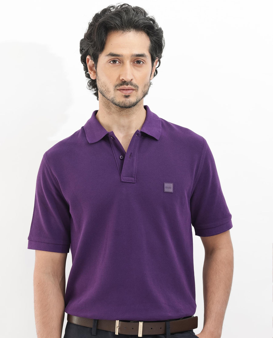 Rare Rabbit Men's Pare Dark Purple Cotton Plain Regular Fit Half Sleeve Polo