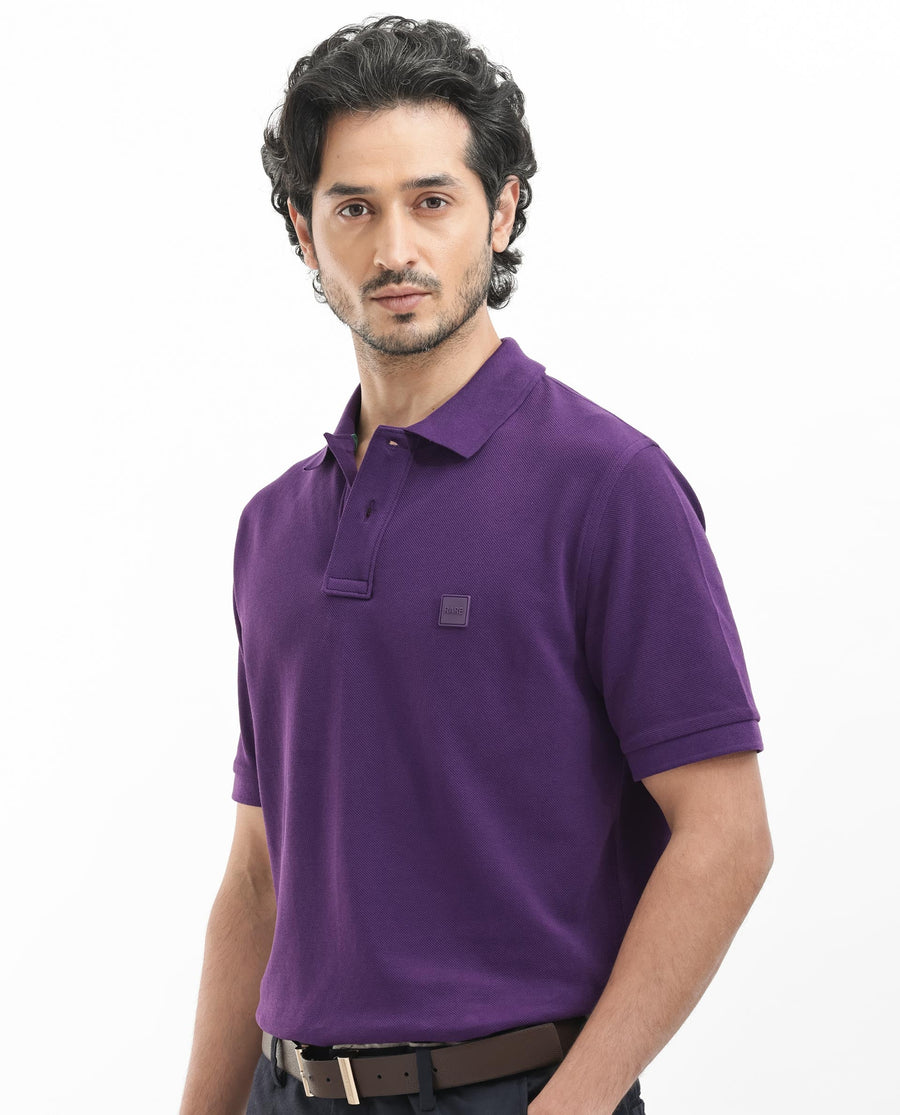 Rare Rabbit Men's Pare Dark Purple Cotton Plain Regular Fit Half Sleeve Polo