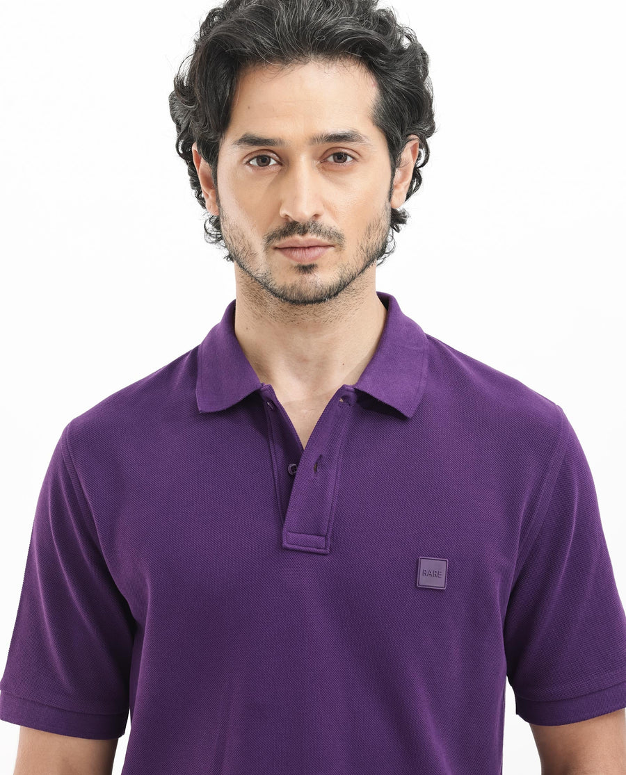 Rare Rabbit Men's Pare Dark Purple Cotton Plain Regular Fit Half Sleeve Polo