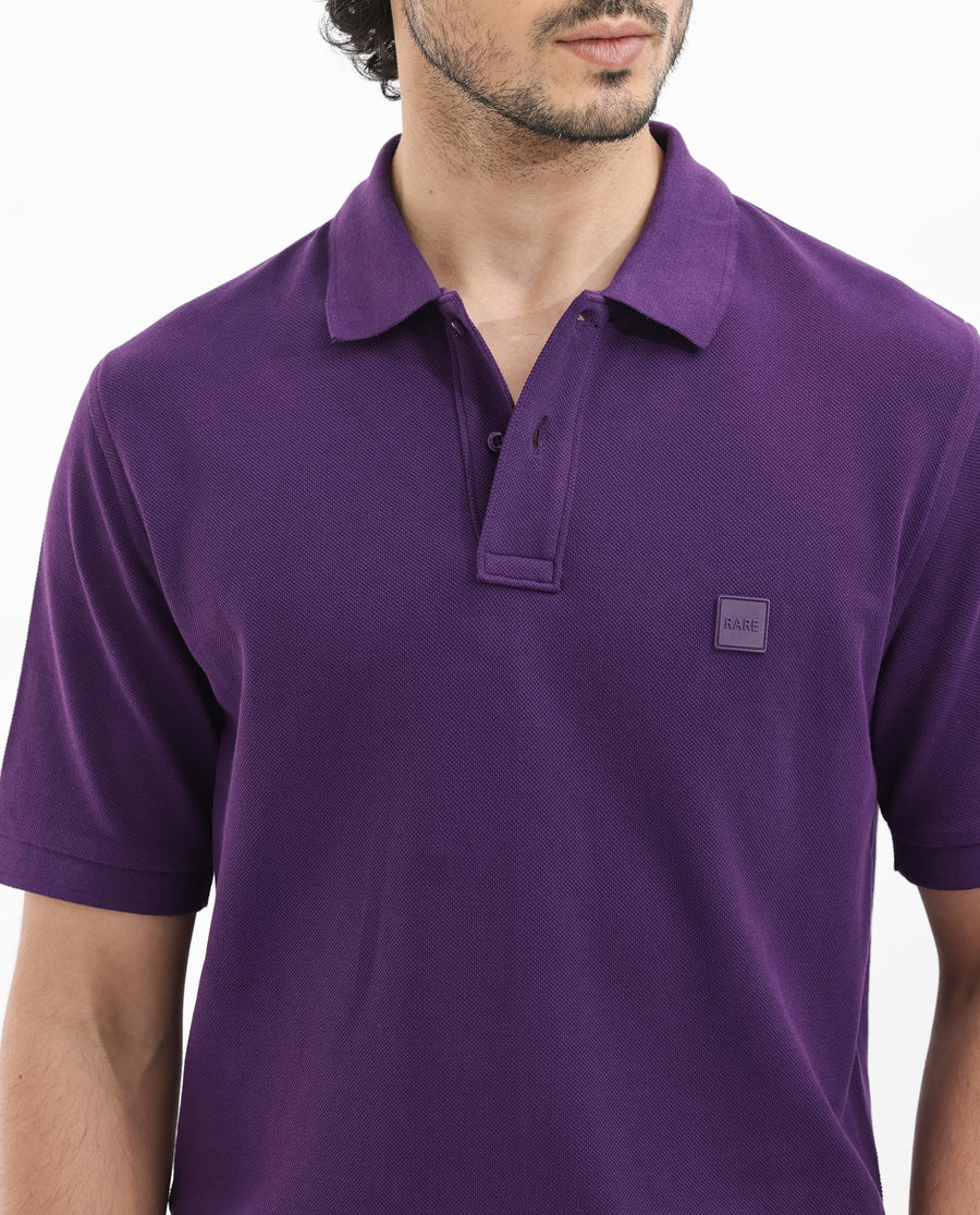 Rare Rabbit Men's Pare Dark Purple Cotton Plain Regular Fit Half Sleeve Polo