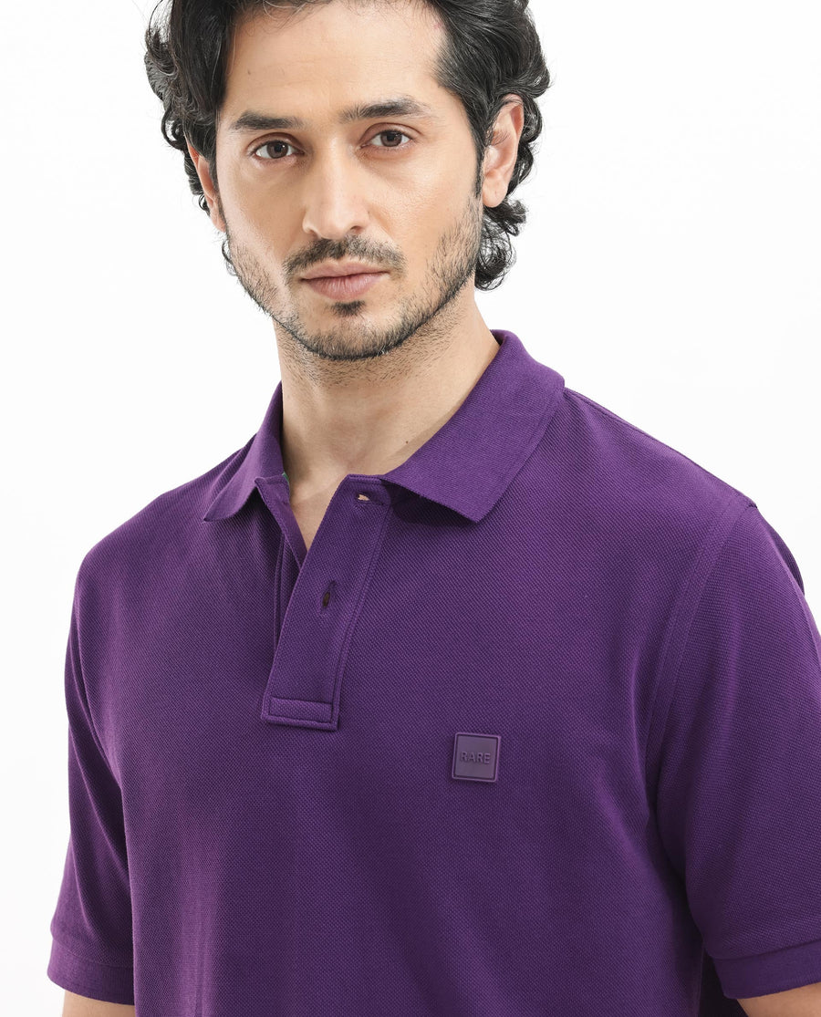 Rare Rabbit Men's Pare Dark Purple Cotton Plain Regular Fit Half Sleeve Polo