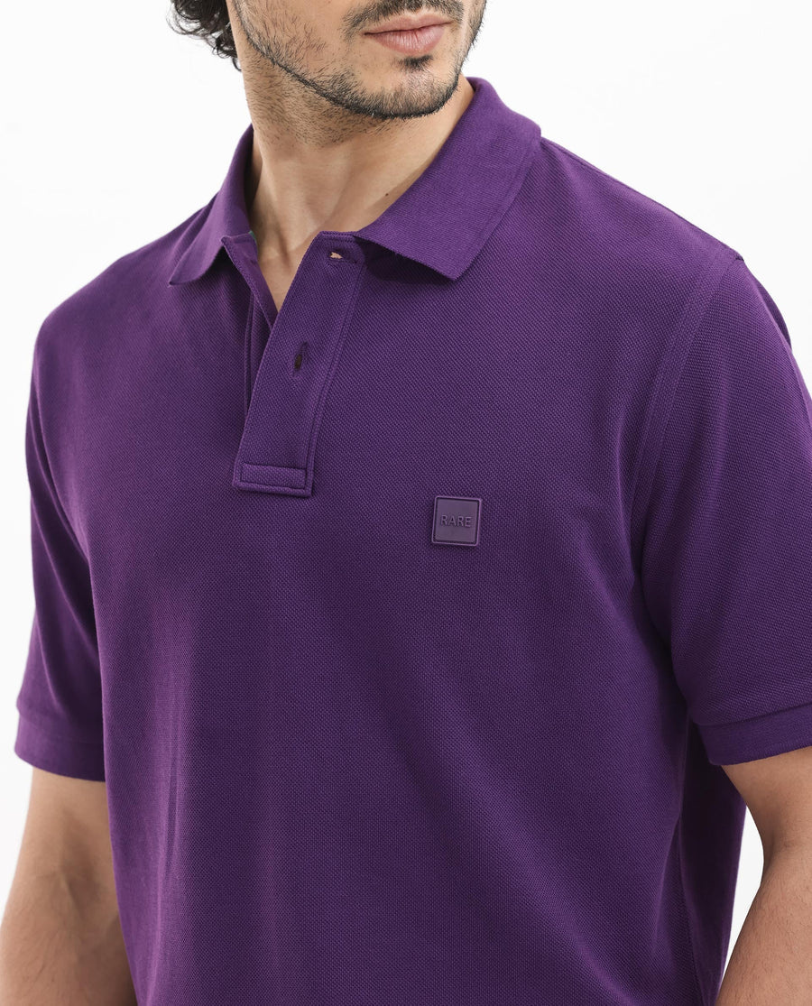 Rare Rabbit Men's Pare Dark Purple Cotton Plain Regular Fit Half Sleeve Polo