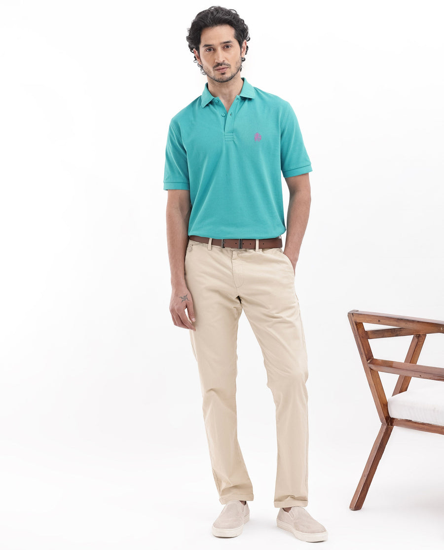 Rare Rabbit Men's Paret-Bright Aqua Cotton Embroidered Regular Fit Half Sleeve Polo