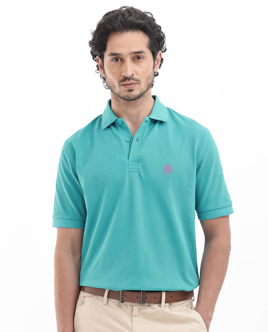 Rare Rabbit Men's Paret-Bright Aqua Cotton Embroidered Regular Fit Half Sleeve Polo