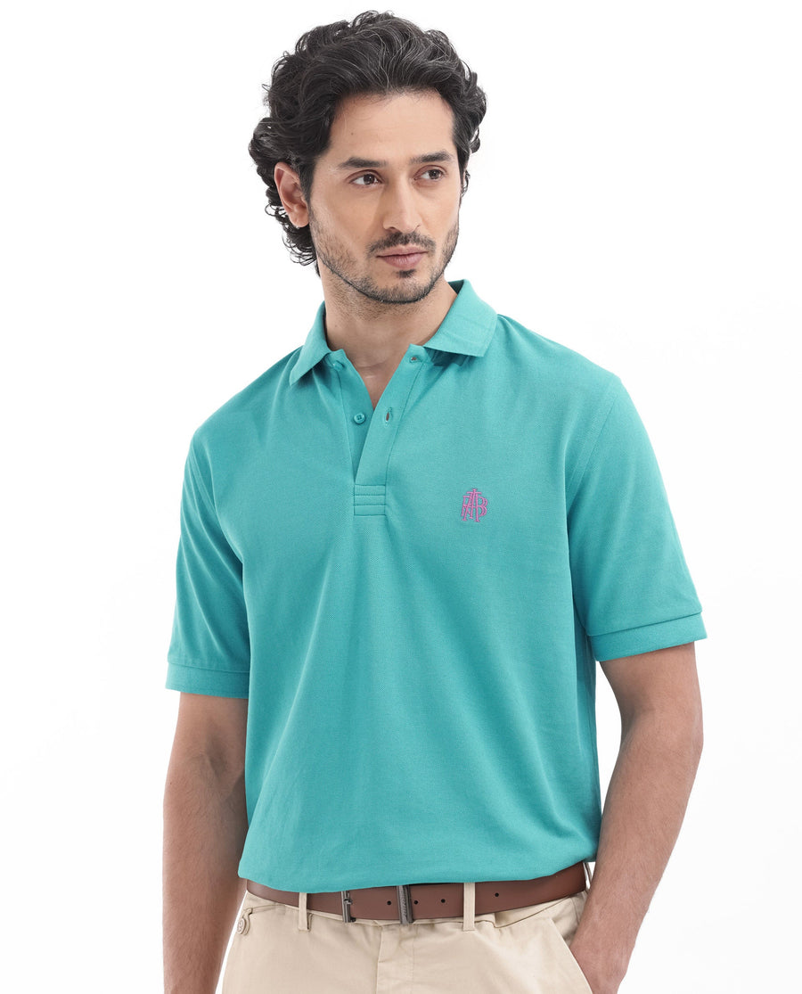 Rare Rabbit Men's Paret-Bright Aqua Cotton Embroidered Regular Fit Half Sleeve Polo